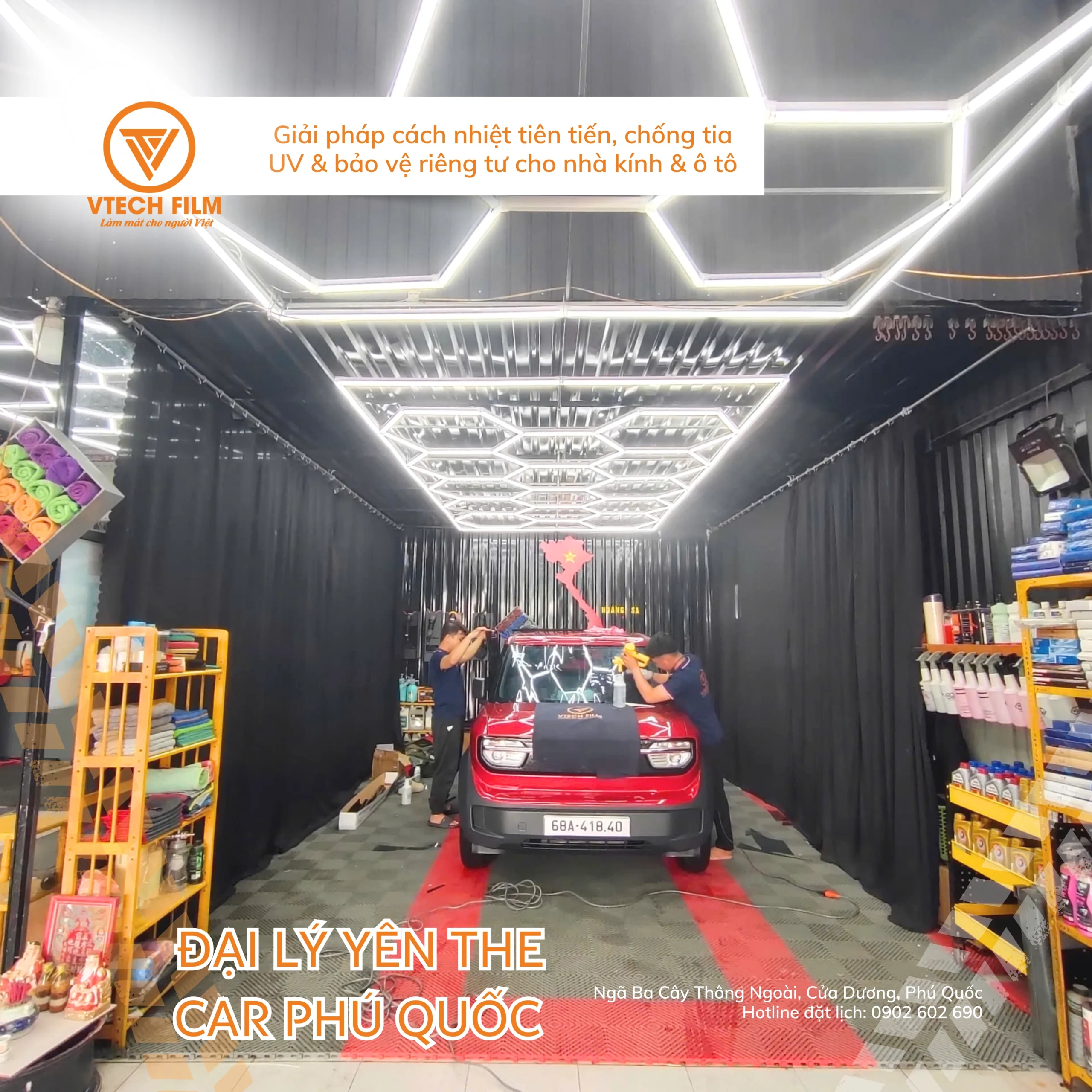 Thi công phim cách nhiệt Vtech Film tại Yên The Car Phú Quốc