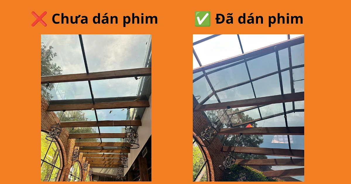So sánh kính chưa dán và kính đã dán phim cách nhiệt VTECHFILM dưới ánh nắng trực tiếp.