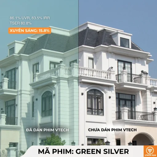So sánh kính biệt thự trước và sau khi dán phim phản gương Green Silver