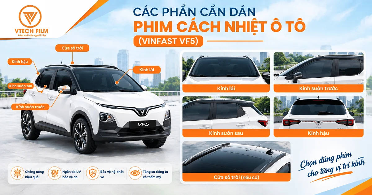 Chi tiết các phần cần dán phim cách nhiệt ô tô 