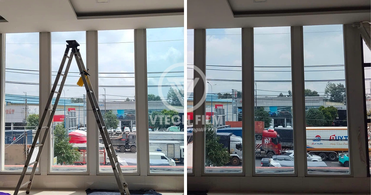 So sánh hệ thống kính bên trong ngân hàng Agribank trước và sau khi dán phim cách nhiệt