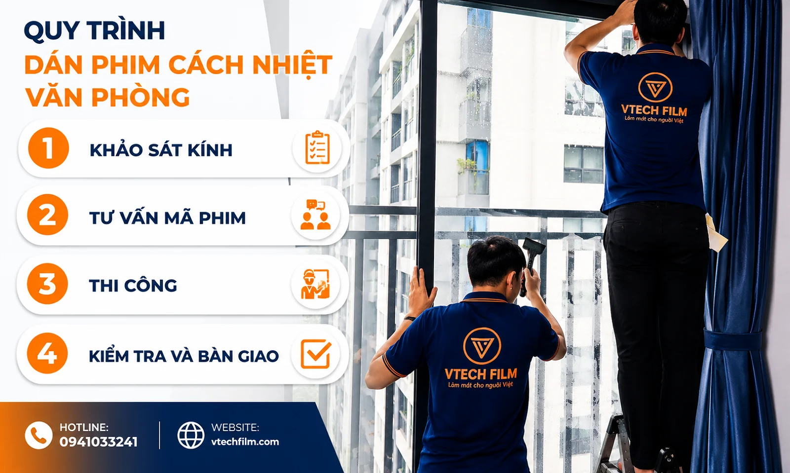 Quy trình thi công dán phim cách nhiệt văn phòng nhanh gọn, đảm bảo vệ sinh.