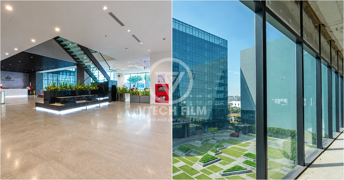 Không gian sảnh và hệ kính CMC Creative Space sau khi thi công dán phim cách nhiệt VTECH FILM.
