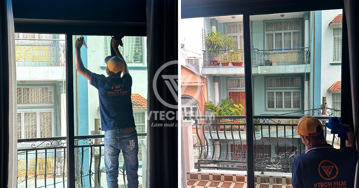 Kỹ thuật viên thi công dán phim cách nhiệt cho khu cực cửa kính ban công quận 5