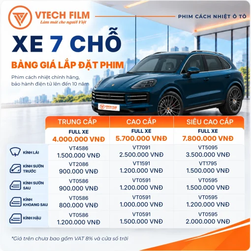 Bảng giá dán phim cách nhiệt xe 7 chỗ trọn gói 3 gói