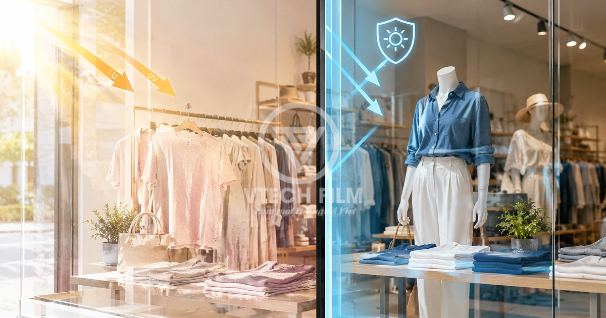 Nắng chiếu trực tiếp qua cửa kính cửa hàng vào khu vực trưng bày hàng hóa gây ảnh hưởng đến không gian cửa hàng